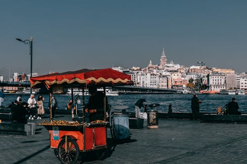 Free Red food truck located on crowded quay near sea against coastal city with buildings and Galata tower in Istanbul in Turkey Stock Photo